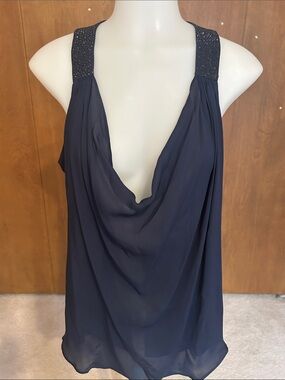 Navy Beaded Strap Cowl Neck Tank